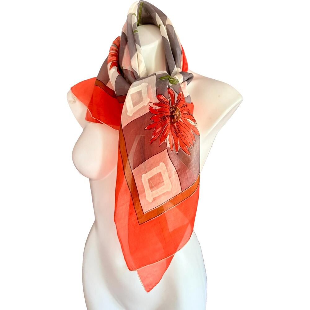 Vintage Pure Silk Hand Rolled Scarf Red Gerbera Daisy Harlequin Print 35" - Picture 7 of 11